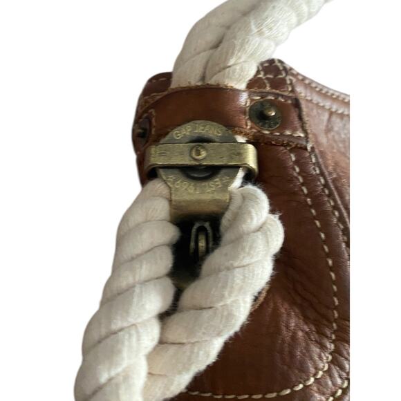 Vtg GAP Jeans Canvas Bucket Bag Tote Rope Cream Brown Leather Y2K 90s Hobo Purse - Picture 10 of 16